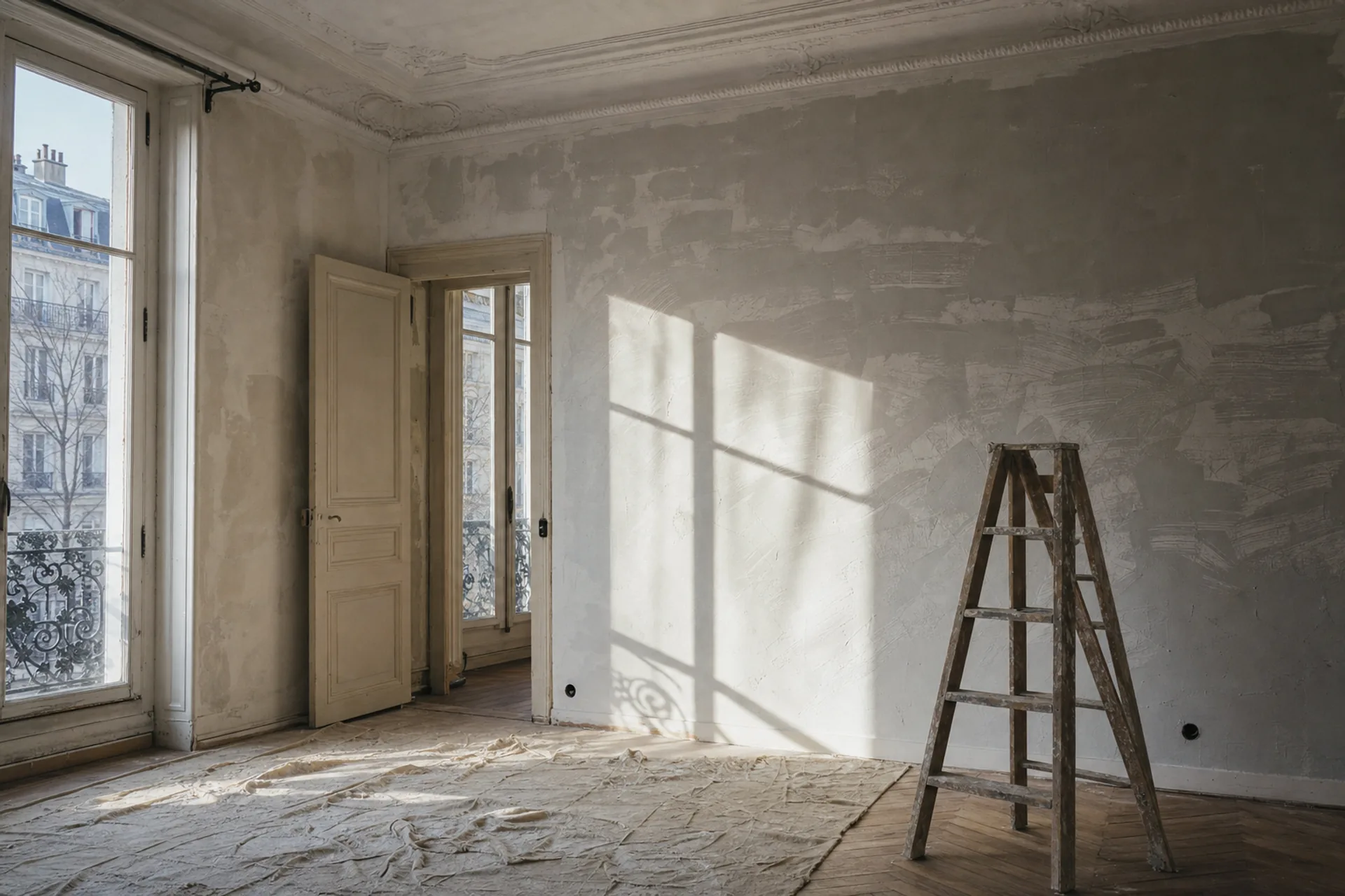 Pièce d’appartement vidée, murs ratissés à l’enduit, escabeau et bâche de protection sur le parquet